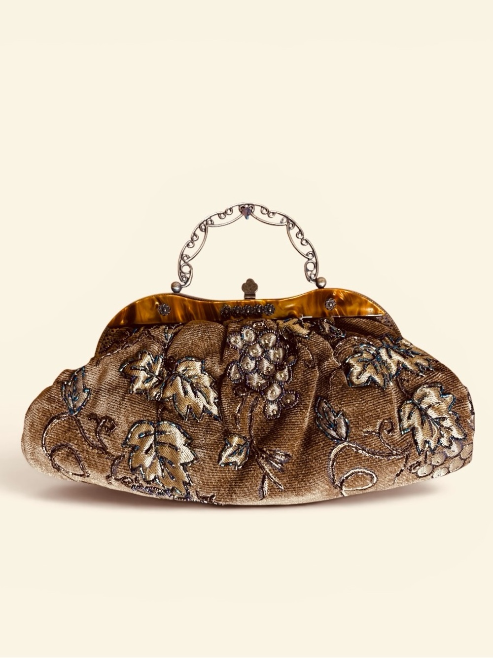 iN’s Beaded Grape Evening Bag Brown Metallic Floral Frame Handle Clutch